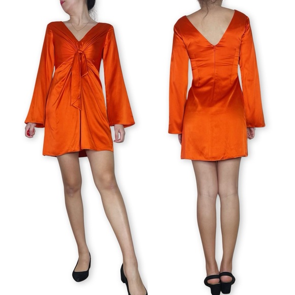 Cinq à Sept Caelan Knot Front Silk Dress in Tangerine Orange Size 00 - Picture 9 of 16